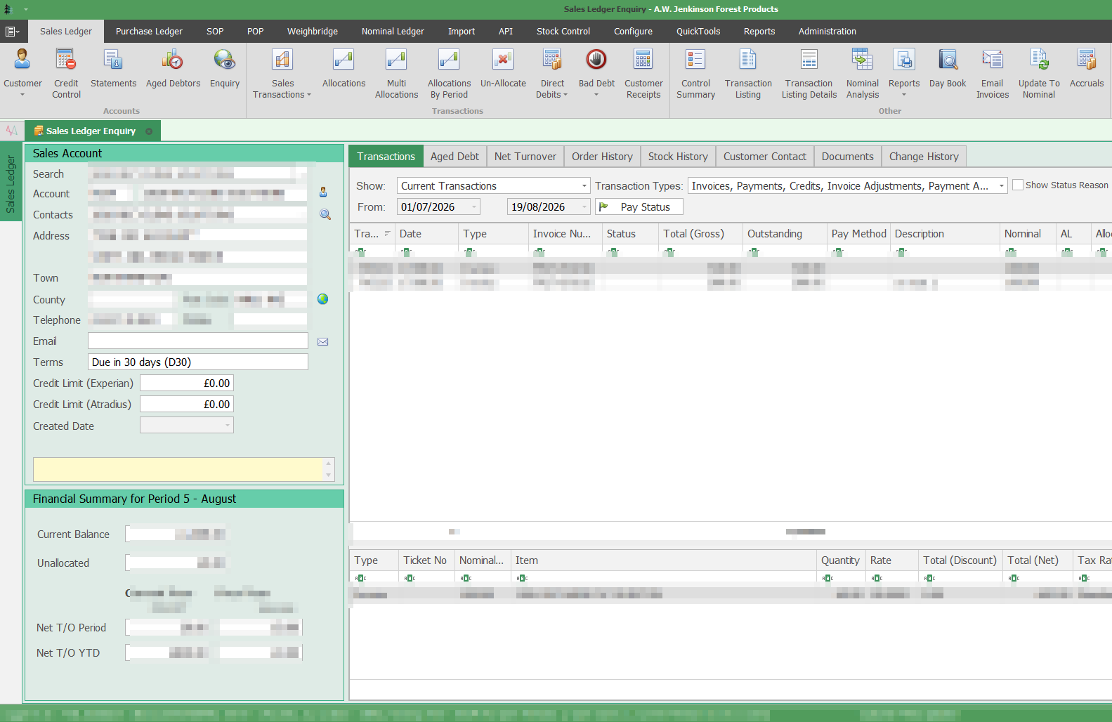 Vision sales ledger enquiry screen, with customer and transaction data redacted